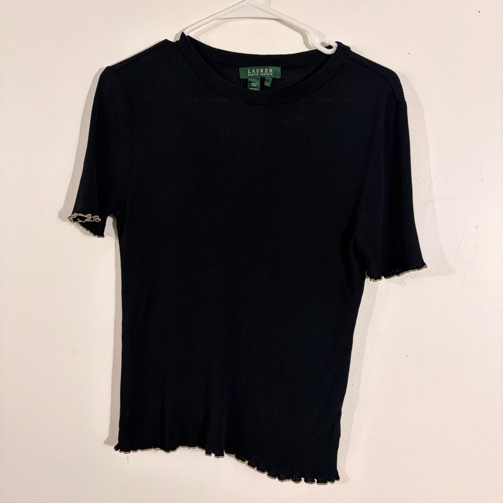 Lauren Ralph Lauren Silk Sweater Womens Large Black Gold Lettuce Trim Ribbed L
